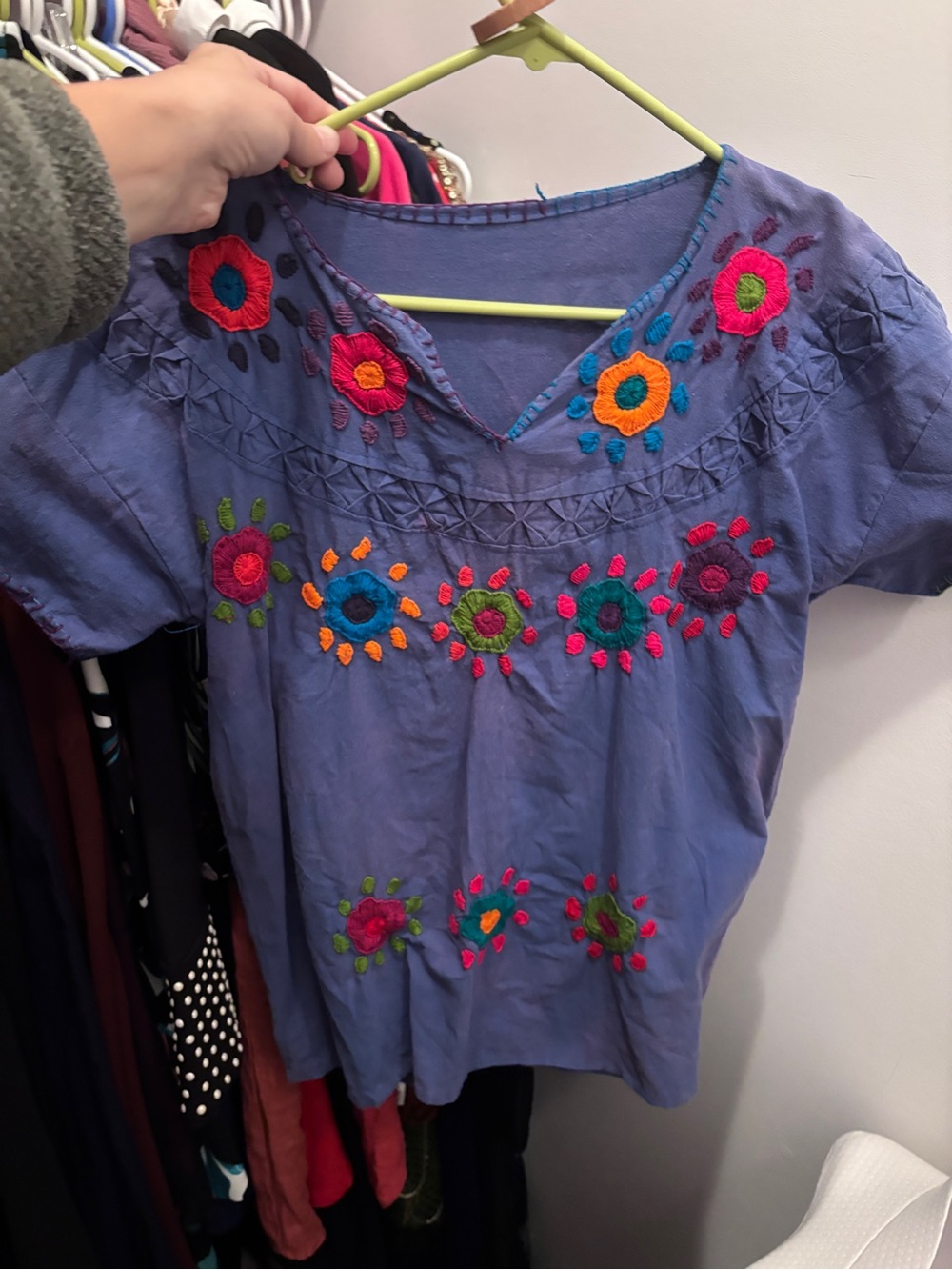 Hand-Embroidered Floral Cotton Top - Purple